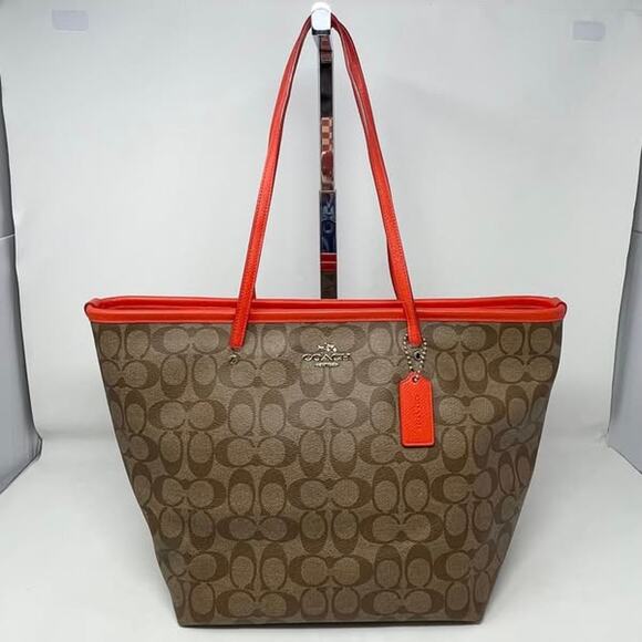 Coach City Tote Bag Signature Logo Tan Coated Canvas Orange Leather Zip F34104 - Picture 1 of 12